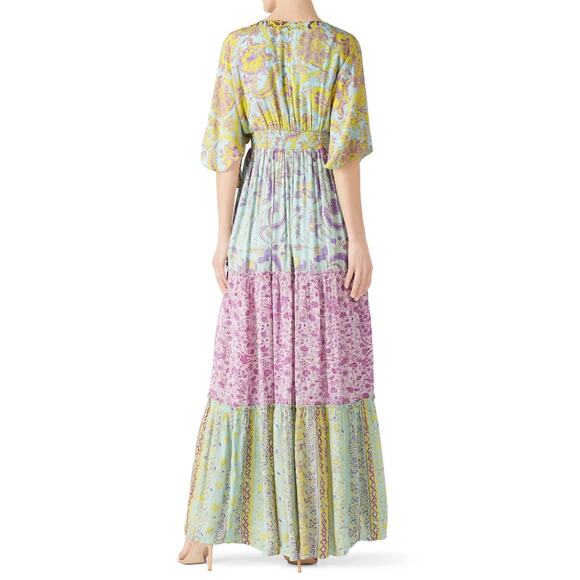Hemant & Nandita Maxi Dress Women’s Size Medium Green Floral V-Neck Boho Style - Picture 3 of 15